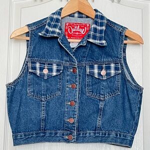 Vintage Outlaw Cropped Denim Vest w/ Plaid Trim, L 90s Grunge Western Aesthetic